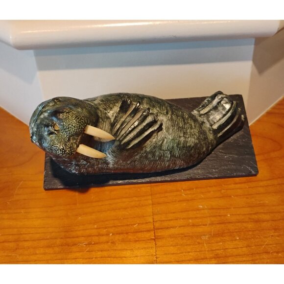 Wolf Originals Carved Soapstone Walrus Sculpture on Base Native Inuit Canada - Picture 2 of 9
